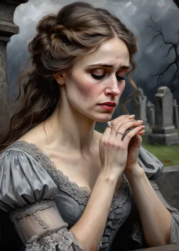 gothic portrait,dead bride,fantasy portrait,lover's grief,mystical portrait of a girl,of mourning,sorrow,fantasy art,world digital painting,romantic portrait,depressed woman,gothic woman,hand digital painting,digital painting,dark art,weeping angel,vampire woman,jessamine,sad woman,fantasy picture,Conceptual Art,Oil color,Oil Color 22