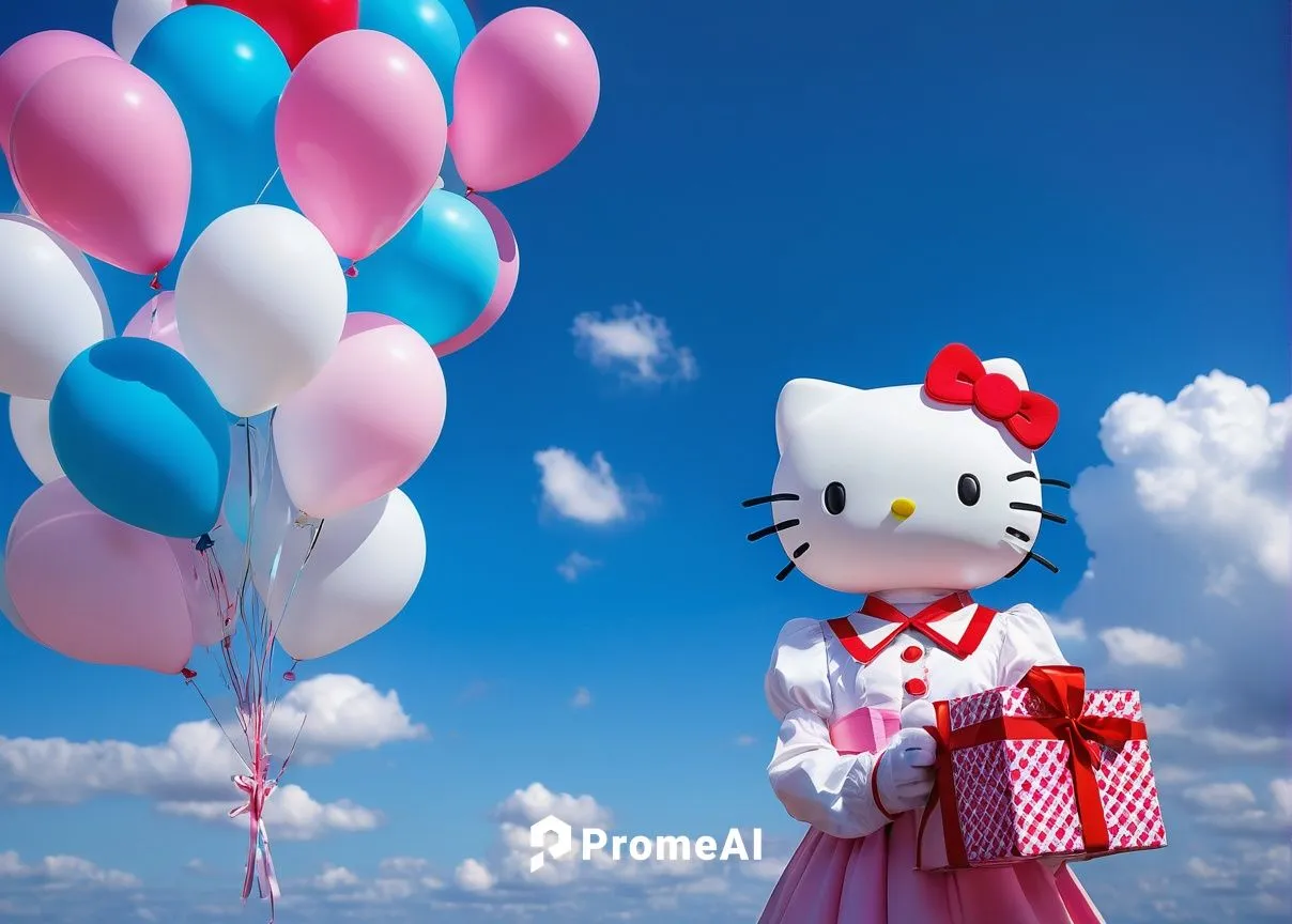 Kawaii Hello Kitty, white and red costume, cute facial expression, sparkly eyes, pink ribbon on head, holding a gift box, surrounded by colorful balloons, standing in front of a bright blue sky with f