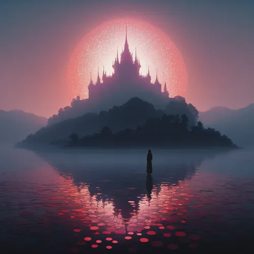 The fairy's figure gradually transformed into dots of light and dissipated in the palace, surrounded by a scene of soft whispers in the morning mist.,myanmar,fantasy picture,bagan,fantasia,world digit