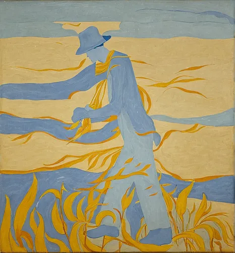 A man with hat cropping the wheat.,vincent van gough,braque francais,braque saint-germain,braque d'auvergne,beach towel,sea beach-marigold,bed in the cornfield,yellow sun hat,woman on bed,yellow iris,