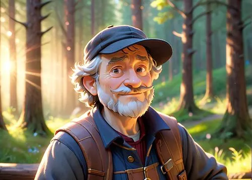 A 45 year old man, he is a forester,a cartoon character poses with his hands crossed and a forest background is shown behind him,farmer in the woods,lumberman,woodsman,lumbermen,lumberjax,woodsmen,Ani