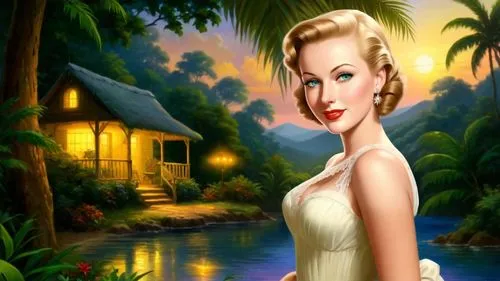 Romantic masterpiece oil painting, cute girl portrait, nostalgic 1950's style kitsch, vibrant rainforest landscape, lush tropical jungle paradise, summer beach vacation seaside cottage sunset scenery,