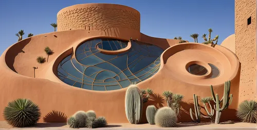 a museum in desert landscape, with a backside parking area,desert plant,dutchman's-pipe cactus,desert plants,garden sculpture,desert flower,mexican hat,cacti,desert landscape,desert desert landscape,o