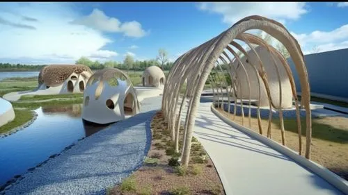 an artist's rendering of a futuristic structure near water,falkirk wheel,ecovillages,k13 submarine memorial park,heatherwick,wastewater treatment,sculpture park,Photography,General,Realistic