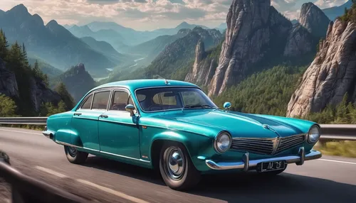 Imagine driving a Volga car through a scenic mountain road.,renault 4cv,peugeot 203,fiat 600,borgward hansa,renault alpine,renault 8,borgward,opel record p1,austin a40 farina,renault 4,citroën ami,peu