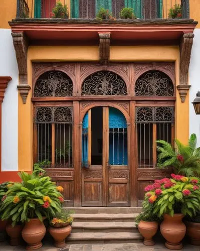 Traditional Colombian architecture, vibrant colors, wooden balconies, ornate ironwork, clay roof tiles, white stucco walls, Baroque-style doorways, arched windows, intricately carved wooden doors, flo