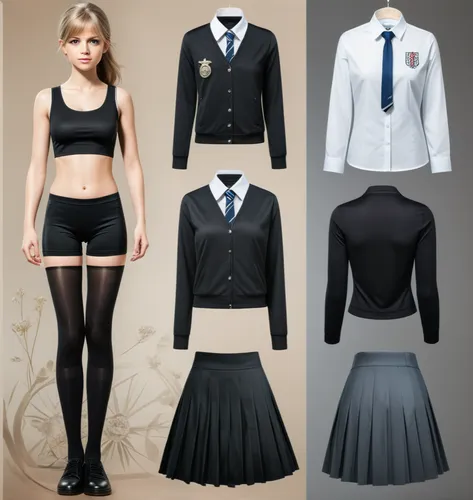 Paper doll British school girl in black sleeveless shirt ,black tight fit spandex shorts with black sock and shoe standing surrounded by with a set of british school uniform, shirt, grey pleated skirt