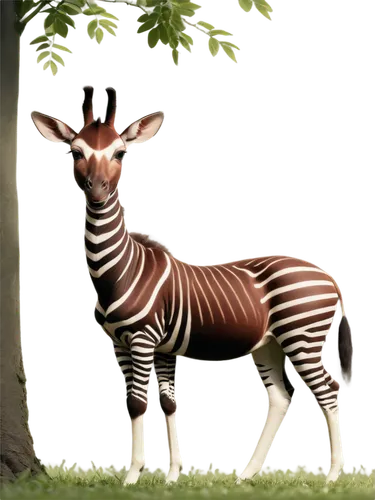 Cute okapi, African animal, gentle eyes, soft fur, white stripes on forehead, long neck, spotted body, standing on hind legs, eating leaves from tree, green background, warm sunlight, 3/4 composition,