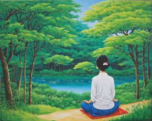 vipassana,meditation,shirakami-sanchi,buddha focus,zen,meditate,khokhloma painting,mantra om,shakyamuni,meditative,tea zen,lotus position,oil painting on canvas,nước chấm,landscape background,buddhist,zen master,art painting,qi gong,somtum,Illustration,Japanese style,Japanese Style 17