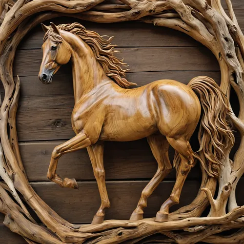 Masterpiece wood art by Heather Jansch - Specializes in creating life-size sculptures of horses and other animals using driftwood. complex scene, award winning,wooden rocking horse,wood carving,wood a