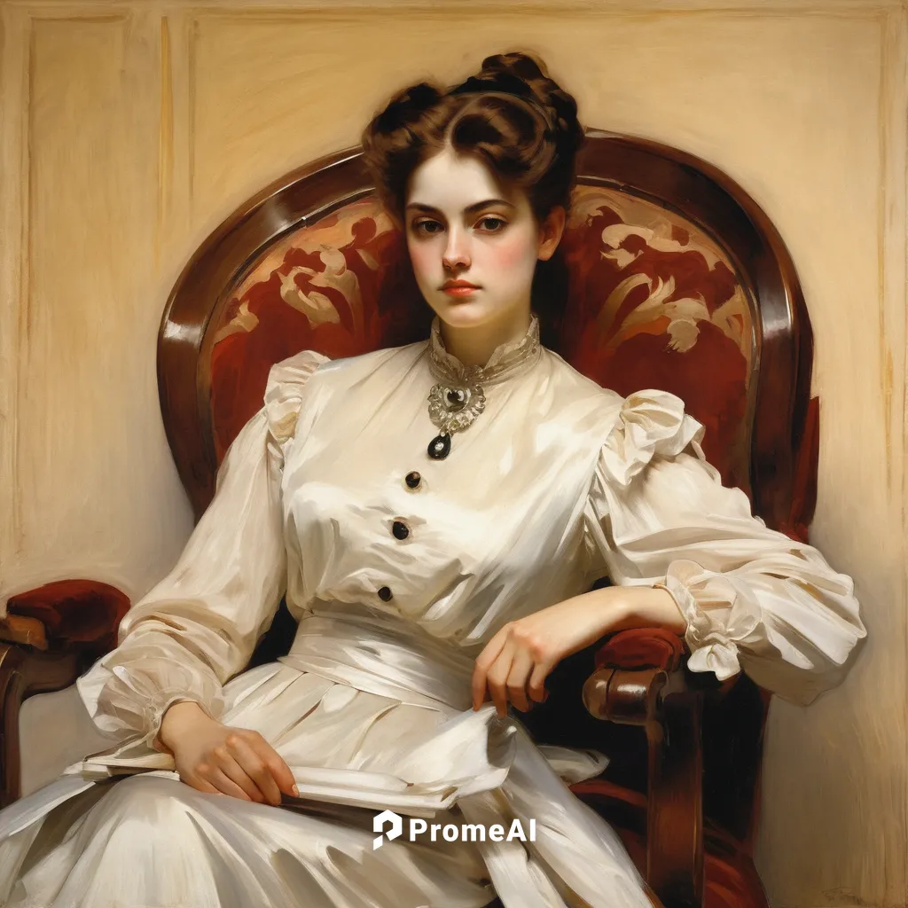 A young woman with a confident expression sitting on an armchair in John Singer Sargent style

,woman sitting,portrait of a girl,portrait of a woman,victorian lady,young woman,barbara millicent robert