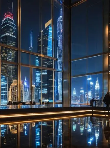 Modern TV studio, sleek architecture, glass walls, metallic frames, minimalist decor, urban cityscape background, nighttime, neon lights reflection, bustling streets, skyscrapers, busy pedestrians, ca