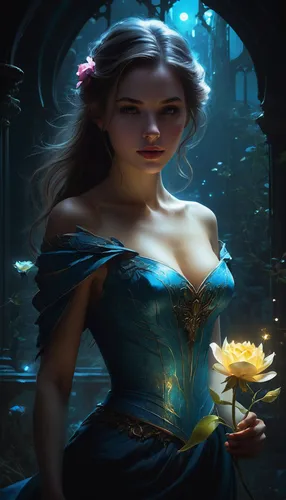 cinderella,rosa 'the fairy,blue enchantress,fantasy portrait,fantasy picture,elven flower,rosa ' amber cover,elsa,fantasia,blue rose,faerie,faery,yellow rose background,the enchantress,sorceress,rosa ' the fairy,fantasy art,fairy tale character,fae,rapunzel,Conceptual Art,Fantasy,Fantasy 11