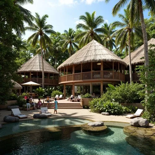 Tropical island setting, coral reef surroundings, lush palm trees, traditional thatched roofs, wooden accents, earthy tones, natural ventilation systems, large overhangs, shaded outdoor spaces, vibran