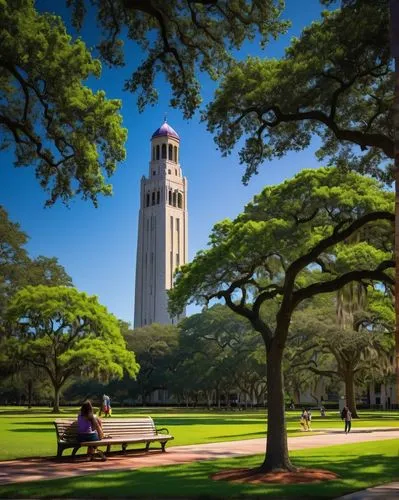 Louisiana State University, landscape architecture, Baton Rouge, Louisiana, sunny day, blue sky with few white clouds, lush green grass, mature oak trees, walking paths, benches, students socializing,