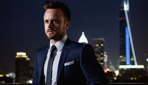 Aaron Paul, stylish modern gentleman, 30s, short black hair, trimmed beard, wearing a navy blue suit, white dress shirt, silver tie clip, standing confidently, one hand in pocket, skyscraper cityscape