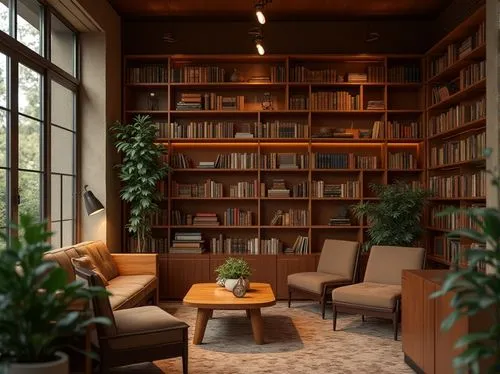 reading room,bookshelves,bookcases,book wall,bookcase,study room,bookshelf,book wallpaper,livingroom,living room,library,sitting room,mid century modern,contemporary decor,nook,family room,midcentury,shelving,modern decor,apartment lounge,Photography,General,Realistic