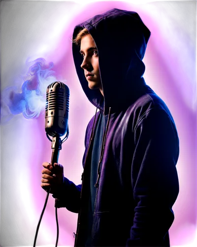 Mysterious, eerie atmosphere, dark background, glowing purple mist, old-fashioned microphone, intricate mechanical details, copper wires, vintage speakers, mysterious blue eyes, hoodie with a hood up,