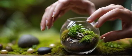 Hands, delicate fingers, intricate veins, soft skin, gentle grasp, holding a small terrarium, transparent glass container, tiny plants, moss, pebbles, misty atmosphere, warm lighting, close-up shot, s