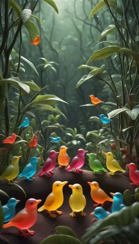 rubber ducks,frog gathering,pikmin,cartoon forest,school of fish,flocking,wild ducks,gaggle,multitudinous,patos,cartoon video game background,colorful birds,flock of birds,ducks,rubber duck,multituberculates,tadpoles,tropical birds,water birds,bird kingdom,Photography,Artistic Photography,Artistic Photography 11