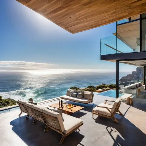 Miller's Point, Cape Town, architectural design, modern luxury villa, oceanfront, cliffside, angular structure, glass walls, steel frames, wooden accents, infinity pool, outdoor lounge, sun deck, pano