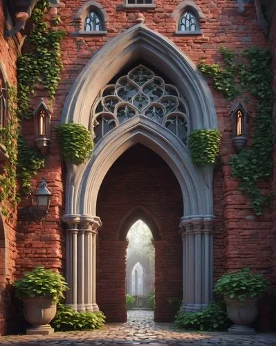 Ancient brick building, Gothic style, grandiose entrance, arched windows, ornate carvings, red brick walls, ivy-covered facade, stone foundation, medieval-inspired design, intricate stone details, poi