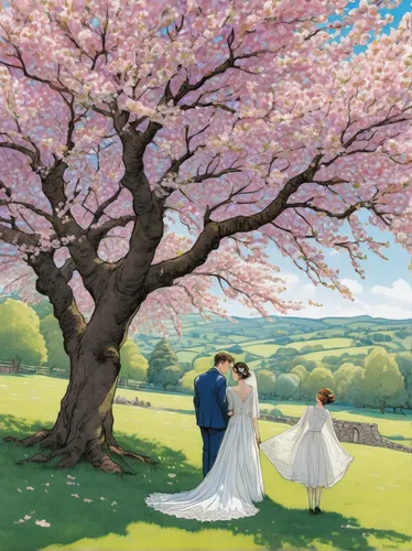 Create a serene outdoor wedding ceremony under a blossoming cherry tree.,sakura trees,sakura tree,japanese sakura background,cherry blossom tree,the cherry blossoms,cherry trees,sakura cherry tree,jap