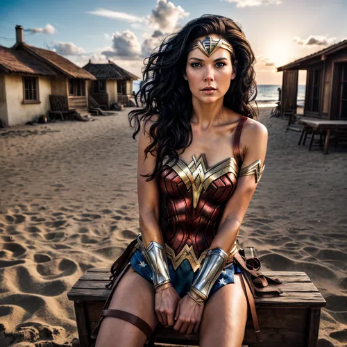  She is Wonder Woman. classic heroine. warrior, posing on a very sunny day, on the beach, heat and a sunset of incredible beauty,wonderwoman,wonder woman city,themyscira,wonder woman,super heroine,sup