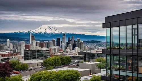 Washington State architecture, modern skyscraper, glass curtain wall, steel frame, asymmetrical composition, rooftop garden, Seattle cityscape, Olympic Mountains backdrop, cloudy sky, natural light, 3