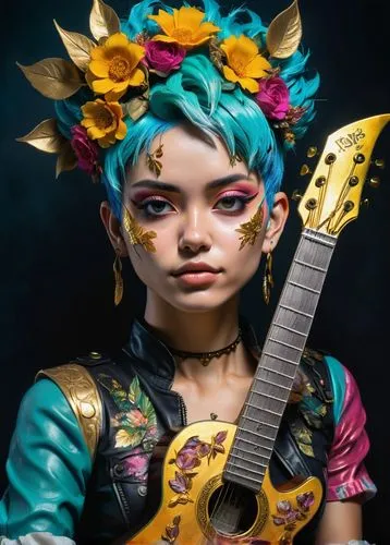 painted guitar,ukulele,fantasy portrait,bjork,musician,world digital painting,body painting,bodypainting,guitar player,painter doll,asian costume,artist doll,violin woman,rockabella,face paint,bodypaint,guitar,mystical portrait of a girl,charango,punk,Photography,Artistic Photography,Artistic Photography 08