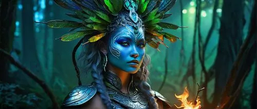 dryad,blue enchantress,shamanic,headdress,avatar,pocahontas,tribal chief,polynesian girl,mother earth,shaman,faerie,fantasy art,indian headdress,shamanism,feather headdress,warrior woman,faery,fantasy portrait,tribal,the enchantress,Conceptual Art,Graffiti Art,Graffiti Art 05