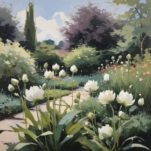 spring garden,tulips,springtime background,flower garden,two tulips,white tulips,gardens,lilly of the valley,lilies of the valley,tulip festival,english garden,wild tulips,botanical gardens,flower painting,towards the garden,giverny,daffodils,spring background,spring flowers,spring bloomers,Conceptual Art,Fantasy,Fantasy 10