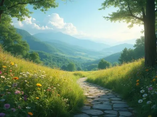 meadow landscape,landscape background,summer meadow,mountain meadow,pathway,hiking path,green meadow,meadow,nature background,beautiful landscape,nature landscape,meadow in pastel,alpine meadow,home landscape,alpine landscape,springtime background,the mystical path,the path,blooming field,summer day,Photography,General,Realistic