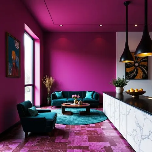 Vibrant fuchsia accent wall, modern minimalist interior, sleek black furniture, bold color blocking, bright white marble countertops, glossy finishes, geometric patterns, abstract art pieces, futurist