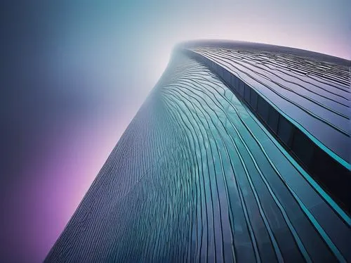 Metaphorical building, futuristic skyscraper, curvaceous lines, iridescent glass facade, neon lights, misty atmosphere, cityscape, modern urban landscape, abstract shapes, ethereal structure, dreamlik