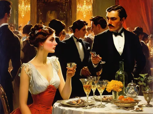 courtship,roaring twenties couple,dinner party,apéritif,stemware,aperitif,vintage man and woman,cuisine classique,cointreau,fine dining restaurant,bistrot,exclusive banquet,the victorian era,romantic dinner,gentlemanly,roaring twenties,absinthe,aristocrat,twenties of the twentieth century,napoleon iii style,Art,Classical Oil Painting,Classical Oil Painting 42