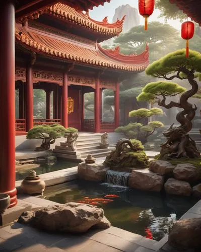 world digital painting,dojo,oriental painting,asian architecture,oriental,qingcheng,wudang,landscape background,cartoon video game background,koi pond,wenhao,qibao,lotus pond,taoist,hanging temple,baoding,teahouse,japanese garden,background with stones,fantasy landscape,Photography,Fashion Photography,Fashion Photography 02