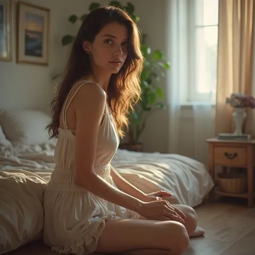 nightgown,girl in bed,pajama,daveigh,pyjama,bellisario,woman on bed,nightdress,scodelario,pajamas,white shirt,girl in white dress,pyjamas,bed,sleepwear,bledel,the girl in nightie,white dress,pale,cotton top,Photography,General,Realistic