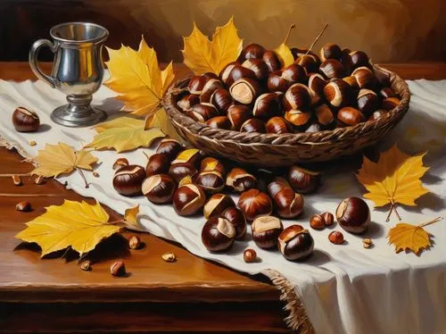 Still life, oil painting, banquet of chestnuts, autumn theme, wooden table, elegant white tablecloth, scattered fallen leaves, golden lighting, warm atmosphere, detailed texture of chestnuts, brown an