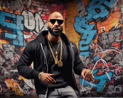 Joe Budden, rapper, solo, confident expression, detailed beard, sunglasses, gold chain, black hoodie, ripped jeans, sneakers, microphone, recording studio, urban background, graffiti walls, dim lighti