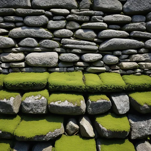 stone wall, satchels, textured surface, grey stones, rustic appearance, medieval setting, outdoor, moss-covered, sturdy structure, natural light, sunny day, clear sky, wide-angle shot, realistic textu