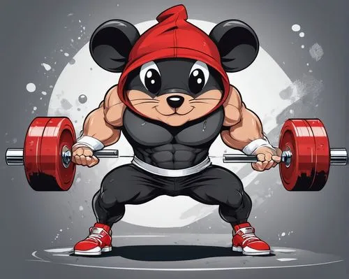 Muscular mouse, solo, (3yo), white gloves, red workout shoes, black weightlifting belt, ripped jeans, sleeveless hoodie, serious facial expression, intense eyes, sweat droplets on forehead, heavy dumb