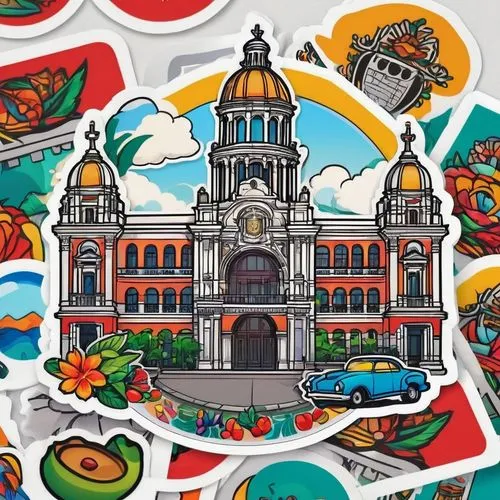 illustration of the cidade do mexico plaza de la constitution
,   vibrant and colorful sticker, with black outline, clear and pure background, exclusive sticker
,mexico city,queretaro,guanajuato,quito