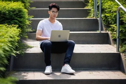 Modern architecture building, university campus, summer internship, 2024, young adult, male, casual wear, white shirt, dark jeans, sneakers, backpack, laptop, coffee cup, sitting on stairs, relaxed po