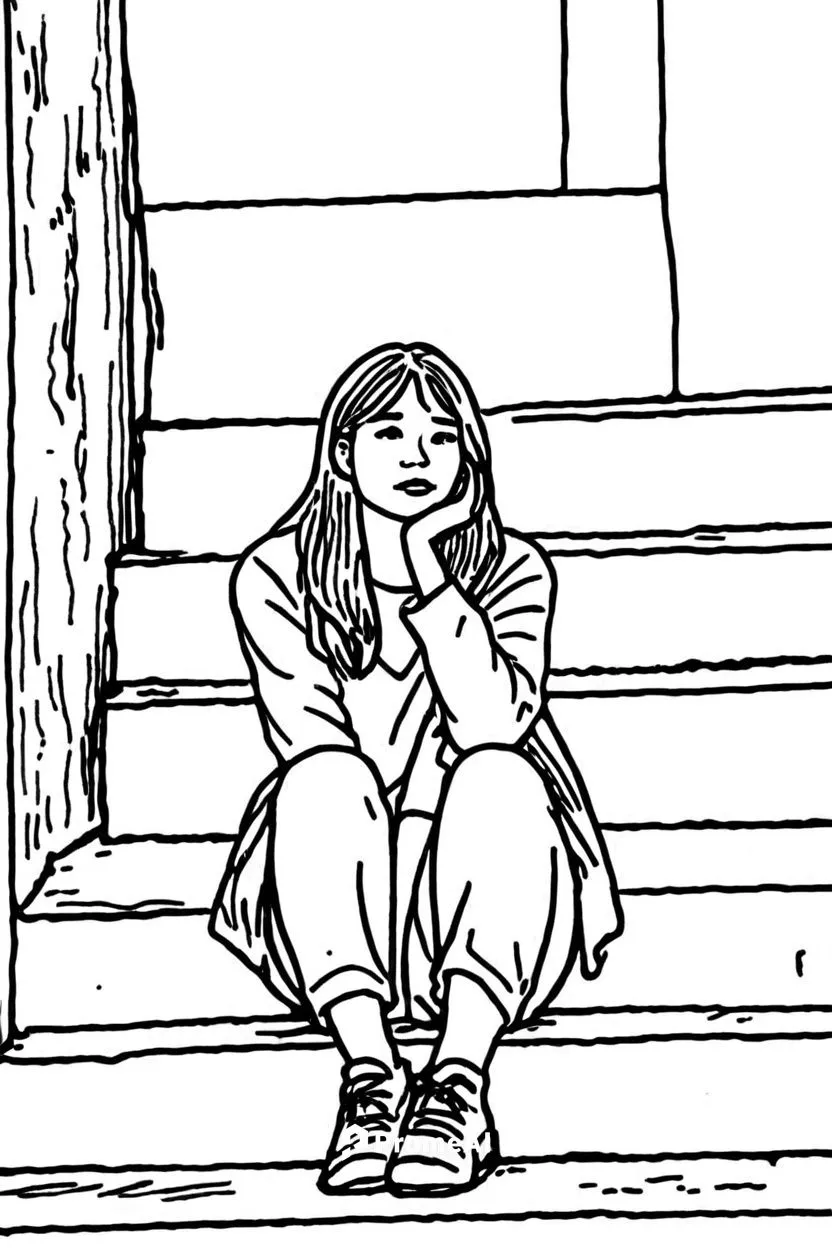 女生，线稿，线条艺术，简洁的线条，简约主义，粗线条,a coloring page of a girl sitting on steps,girl on the stairs,girl sitting,satrapi,stoop,worried girl,minicomics,Design Sketch,Design Sketch,Rough Outline