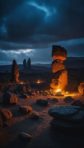 monument valley,canyonlands,ischigualasto,stone desert,stacked rocks,firelight,Photography,General,Fantasy