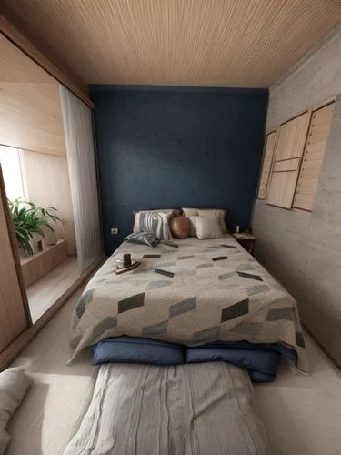 dark blue wall,inverted cottage,canopy bed,sleeping room,small cabin,bedroom,japanese-style room,teardrop camper,guest room,guestroom,modern room,room divider,bed frame,futon pad,3d rendering,cabin,sm