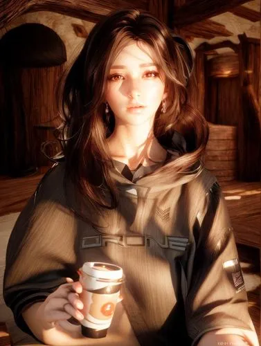 cinnamon girl,apothecary,wood elf,cappuccino,poker primrose,cigarette girl,fallout4,joan of arc,mocha,woman drinking coffee,natural cosmetic,kefir,apfelwein,lens flare,female doll,brown sailor,lady medic,wooden mannequin,vintage angel,mead