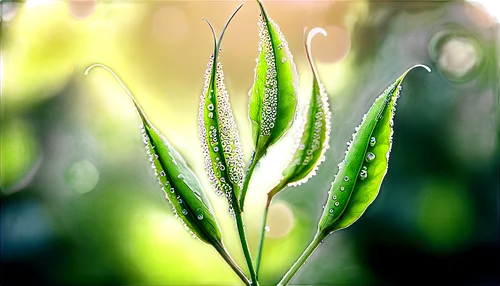 Green plant, pods bursting with seeds, delicate tendrils, soft focus, morning dew, warm sunlight filtering through leaves, 3/4 composition, shallow depth of field, vibrant green color tone, cinematic 