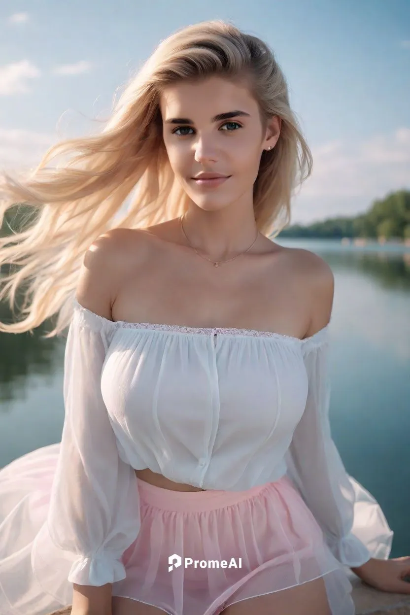 busty Woman 35 years old long straight blonde hair tied up light eyes pink mouth transparent short white blouse showing shoulders exposed belly short transparent white skirt beautiful legs lake blue s